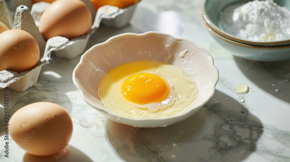 A cracked egg with the yolk and white separated into different bowls, on a kitchen counter. A cracked egg with the yolk and white separated into different bowls, on a kitchen counter.