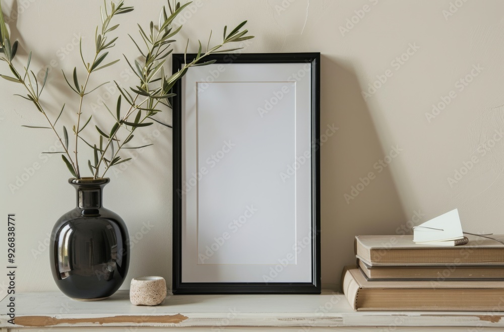 Vertical Picture Frame with Blank White Paper on Table Against Light Beige Wall, Featuring Vase with Olive Branches and Books Vertical Picture Frame with Blank White Paper on Table Against Light Beige Wall, Featuring Vase with Olive Branches and Books