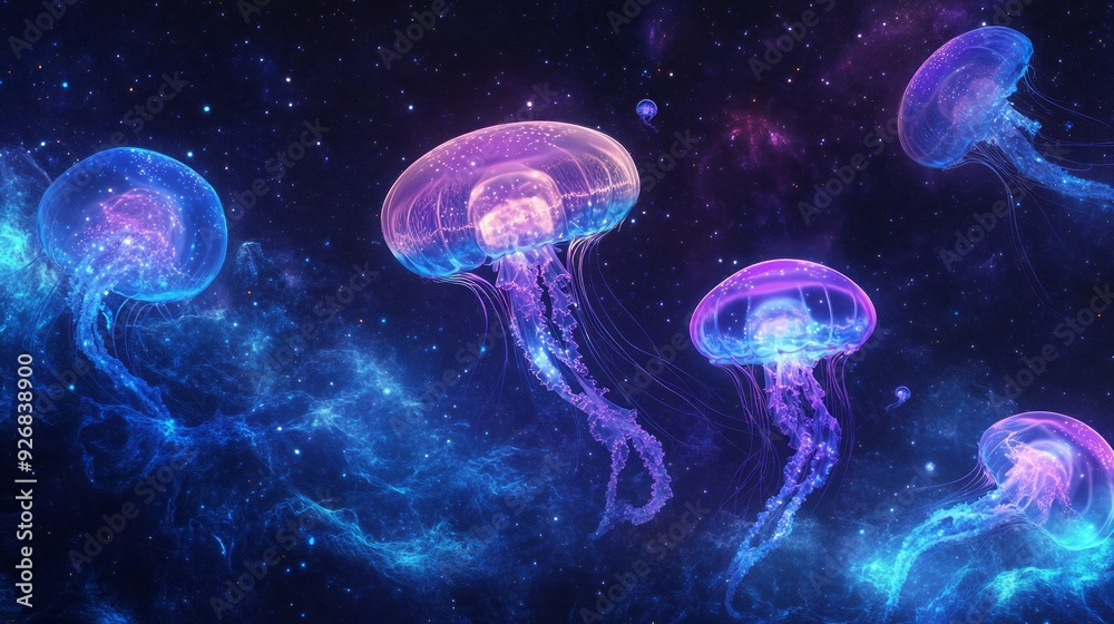 Ethereal Jellyfish in Cosmic Sea - Abstract Shapes with Bioluminescence Ethereal Jellyfish in Cosmic Sea - Abstract Shapes with Bioluminescence