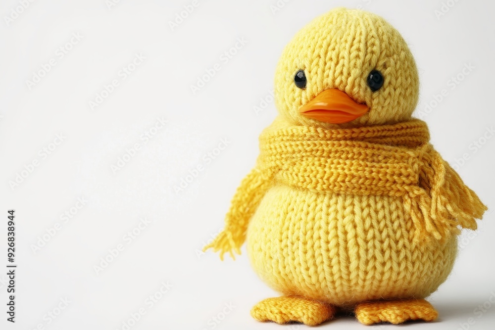 A cute knitted duck on a white background.
