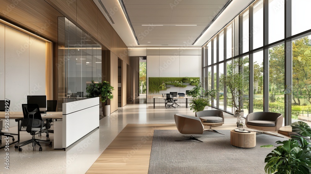 Fototapeta premium Modern Office Interior Design with Green Wall and Large Windows.