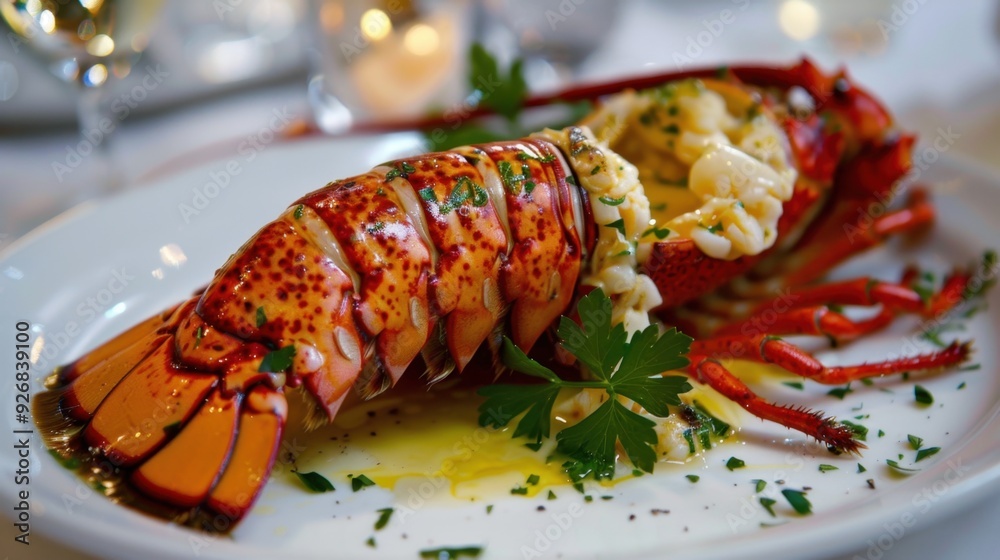 A lobster tail served with melted butter and a sprig of parsley, on a white plate. A lobster tail served with melted butter and a sprig of parsley, on a white plate.