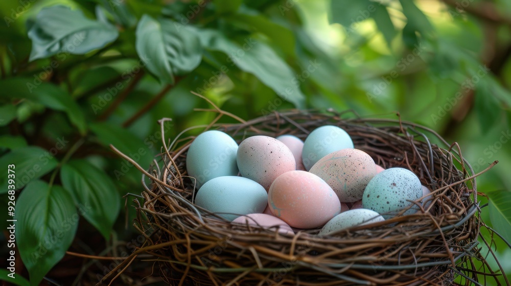 A nest filled with pastel-colored eggs, perfect for a springtime setting. A nest filled with pastel-colored eggs, perfect for a springtime setting.