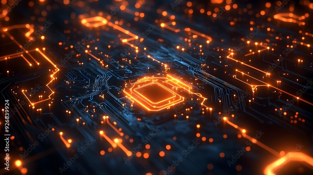 Fototapeta premium Abstract Circuit Board with Orange Glowing Lines