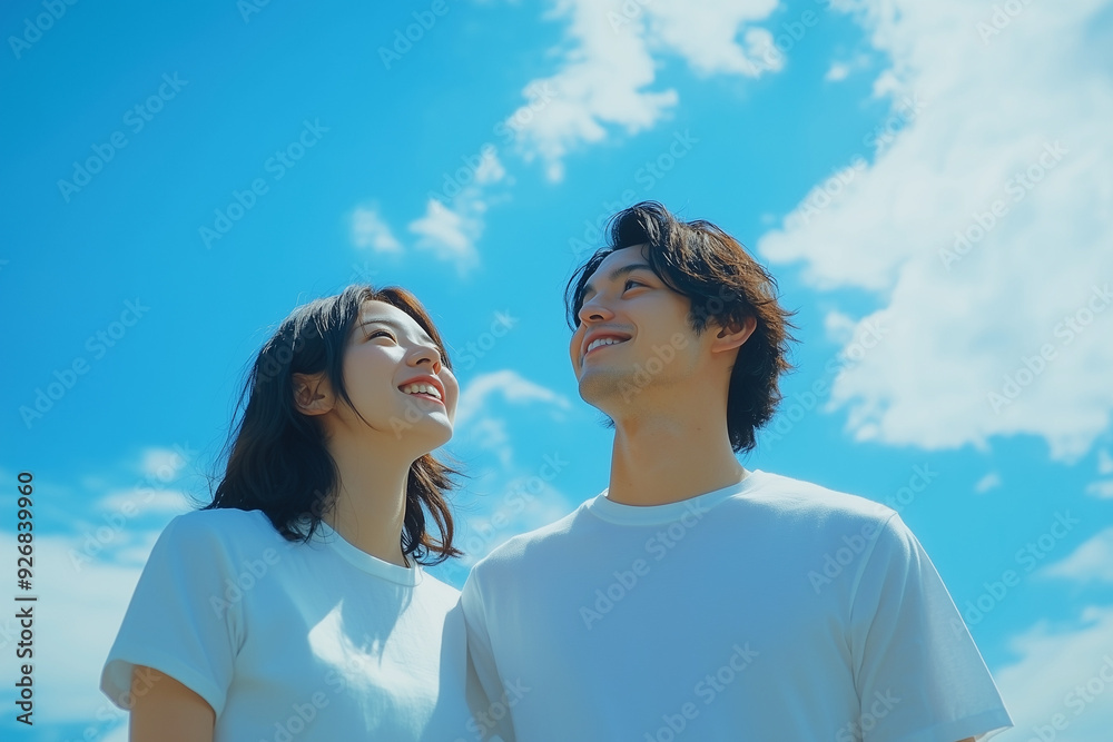 男女のカップル, 青空, 笑顔 男女のカップル, 青空, 笑顔