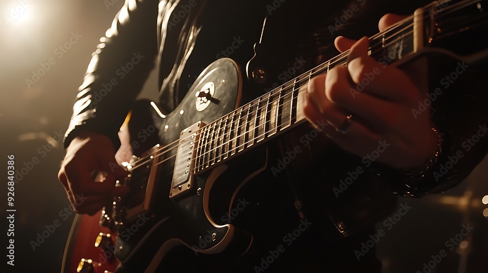 Obraz premium Guitarist Playing on Stage with Dramatic Lighting