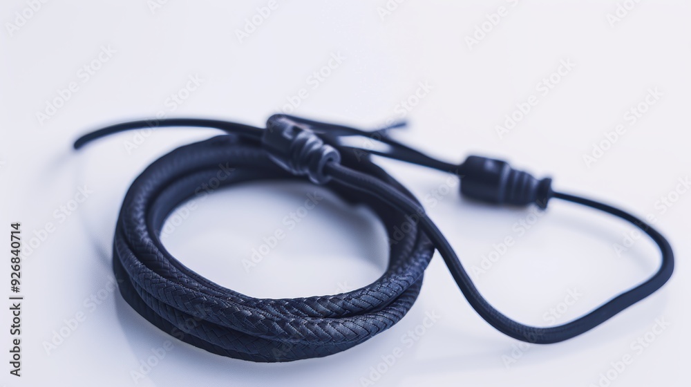 Circular black cable with a connector resting on a white surface Circular black cable with a connector resting on a white surface
