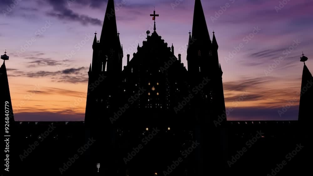 Medieval cathedral silhouette is set against a vivid sunset sky, creating a spooky and mysterious halloween atmosphere Medieval cathedral silhouette is set against a vivid sunset sky, creating a spooky and mysterious halloween atmosphere