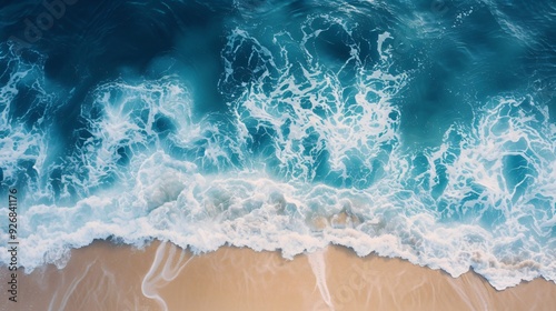 Crashing waves on the beach, Blue ocean sea surface, top view. Tropical beach