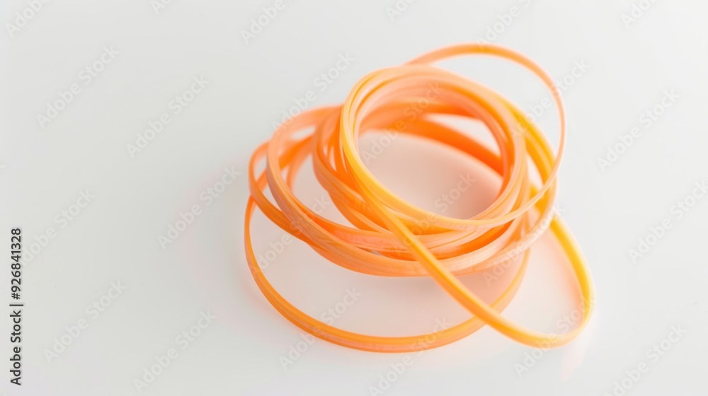 Pile of orange rubber bands is lying on a white surface, creating an interesting abstract composition Pile of orange rubber bands is lying on a white surface, creating an interesting abstract composition
