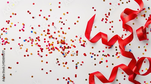 Festive red ribbon with colorful confetti on white background.