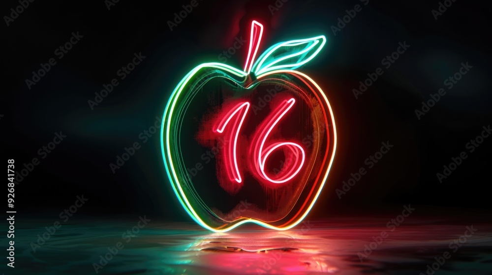 Neon apple with the number 16 glowing brightly in a dark room, creating ...