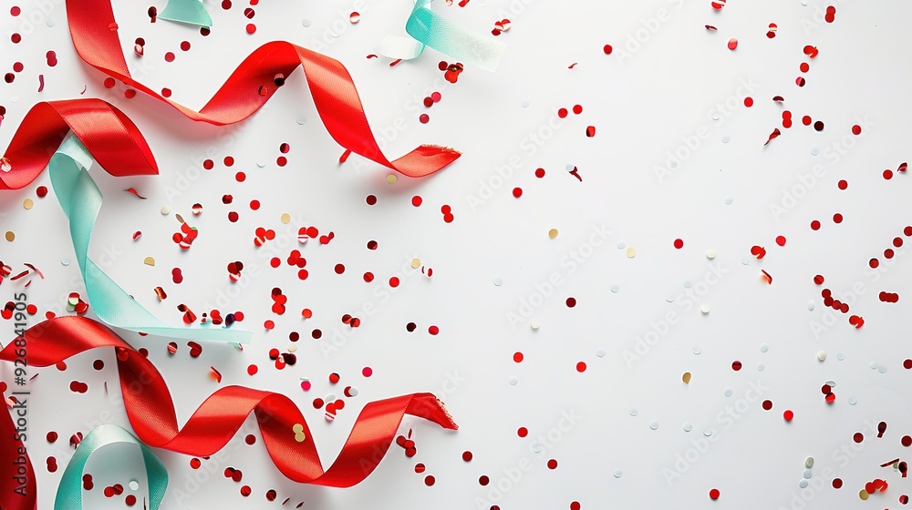 Red and blue ribbon with confetti on white background. Red and blue ribbon with confetti on white background.
