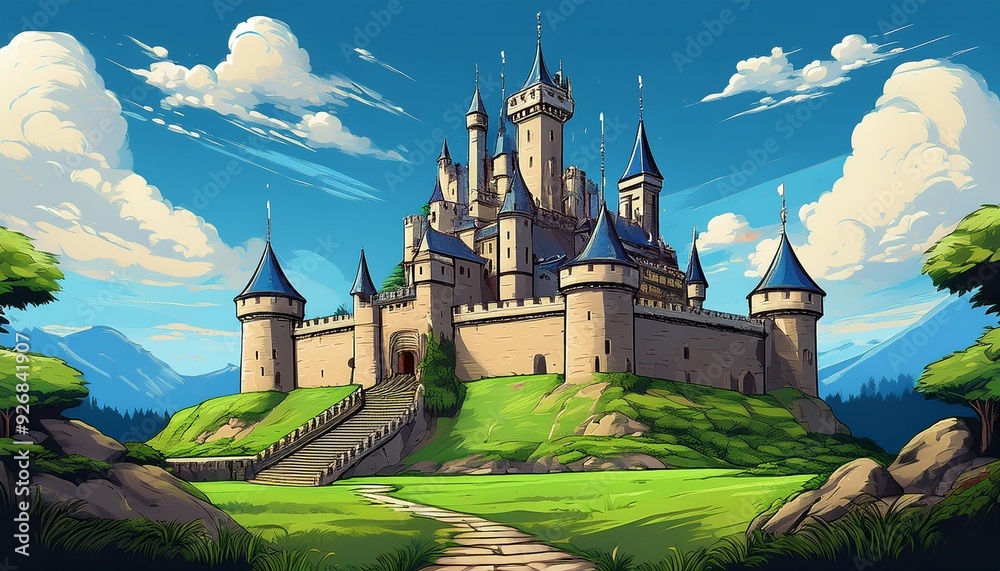 Fototapeta premium A medieval castle with green whites and a blue sky in 8-bit style