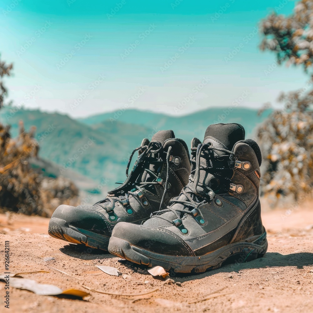 Lone hiking boots on mountain path with breathtaking panoramic views in the background Lone hiking boots on mountain path with breathtaking panoramic views in the background