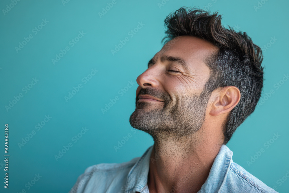 A close up of a man's face with her eyes closed