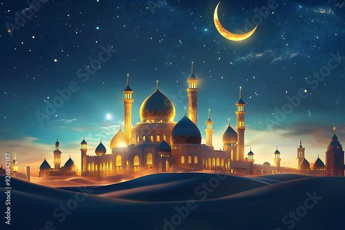 A illustration of a mosque illuminated by moonlight.