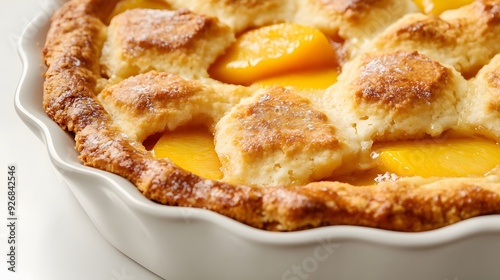 classic peach cobbler, featuring a golden, buttery biscuit topping over a layer of juicy, sweet peaches, set against a clean white background 