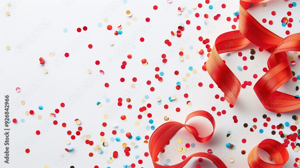 Red ribbon and colorful confetti on white background. Red ribbon and colorful confetti on white background.