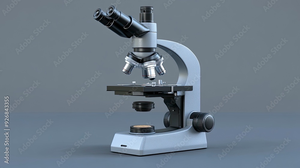 Advanced microscope, metallic finish, with slide under lens, focused lab lighting Advanced microscope, metallic finish, with slide under lens, focused lab lighting