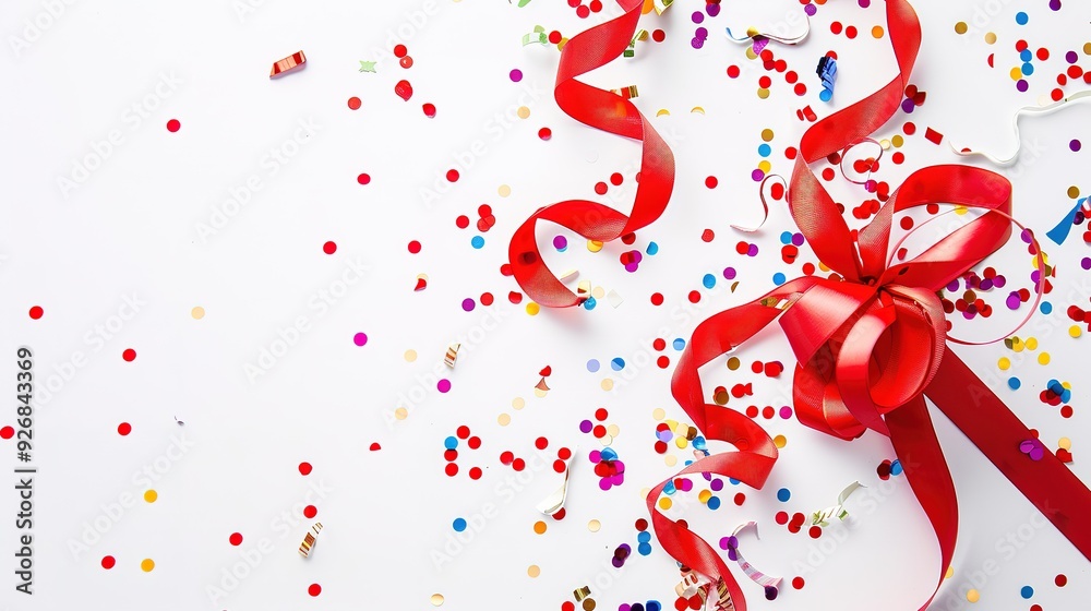 Red ribbon and colorful confetti on white background. Red ribbon and colorful confetti on white background.
