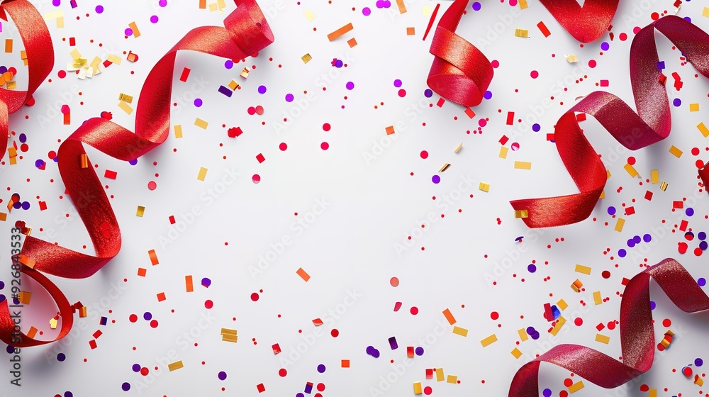 Red ribbon and colorful confetti on white background. Red ribbon and colorful confetti on white background.