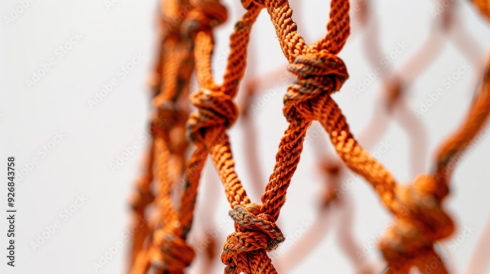 Intricate orange rope forms net against soft white background, showcasing detailed texture and abstract design. Perfect for safety, sport, or connectivity concepts Intricate orange rope forms net against soft white background, showcasing detailed texture and abstract design. Perfect for safety, sport, or connectivity concepts
