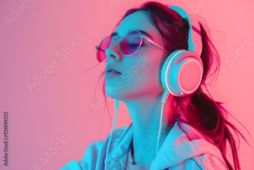 Fashion pretty woman with headphones listening to music over red neon background at studio.