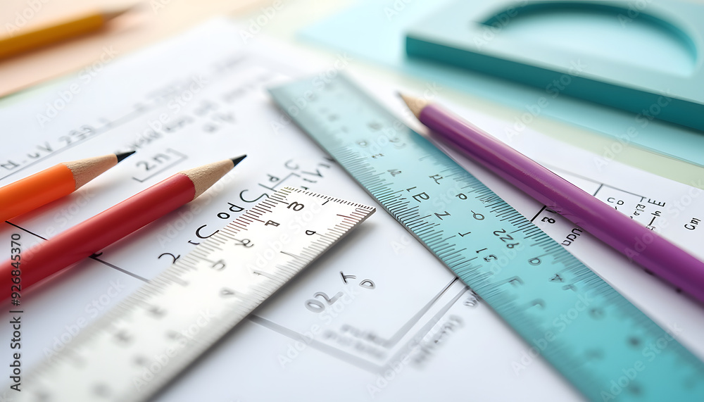 Detailed close-up of a ruler compass and protractor positioned on a geometry worksheet. Detailed close-up of a ruler compass and protractor positioned on a geometry worksheet.