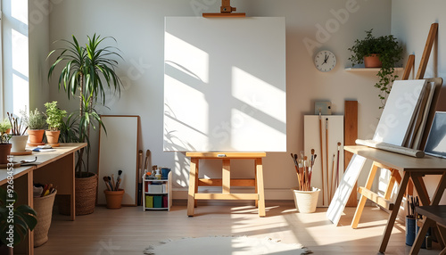 Art room filled with neatly organized paints brushes and blank canvases awaiting creativity.