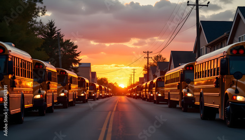 Rows of school buses lined up outside a school under a beautiful sunset sky.