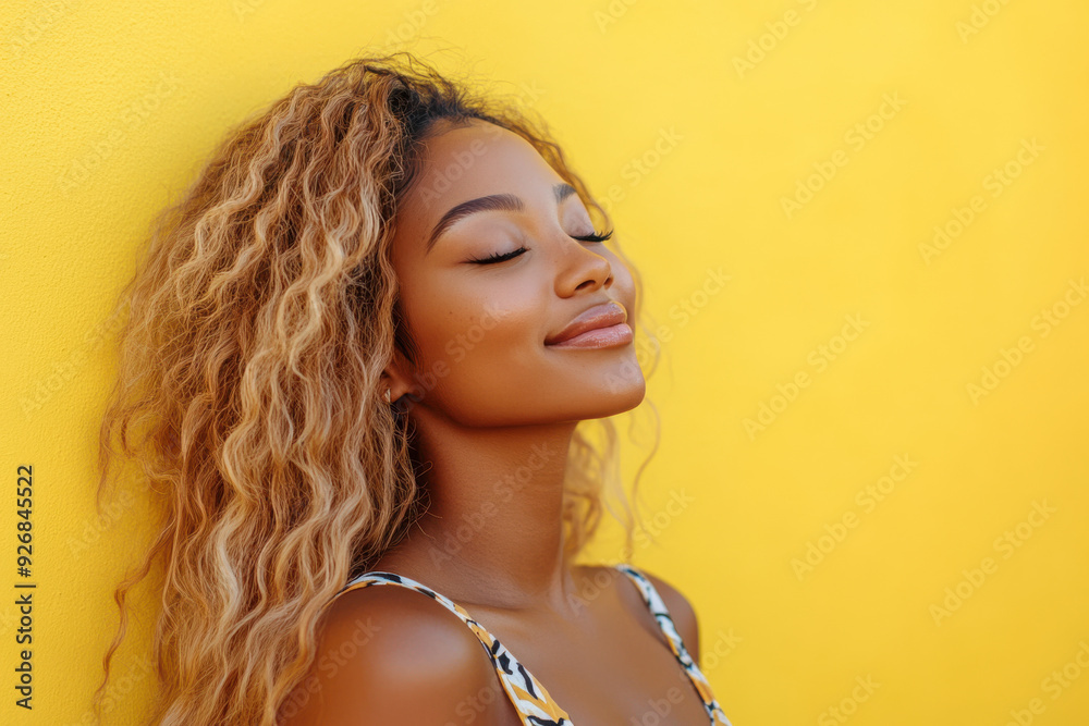 A close up of a woman's face with her eyes closed and long blond hair A close up of a woman's face with her eyes closed and long blond hair