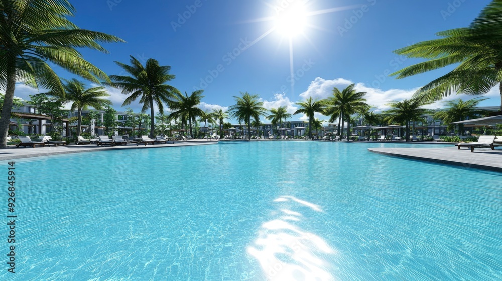 Desert oasis, with palm trees and a clear blue pool, bright, refreshing sunlight Desert oasis, with palm trees and a clear blue pool, bright, refreshing sunlight