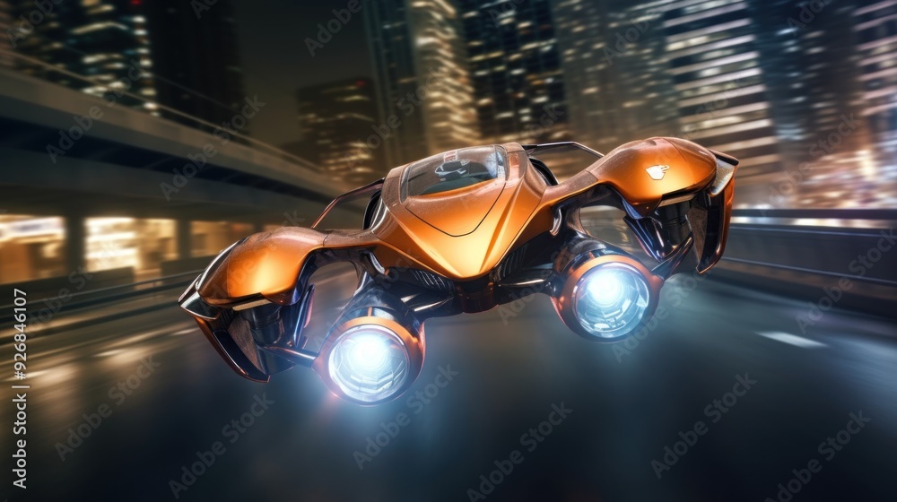 Naklejka premium Futuristic Flying Car in Cityscape