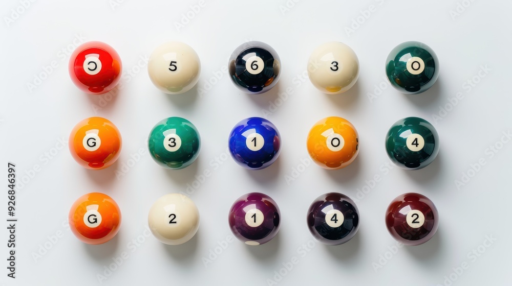 Colorful billiard balls with numbers and letters arranged in rows on a white surface Colorful billiard balls with numbers and letters arranged in rows on a white surface