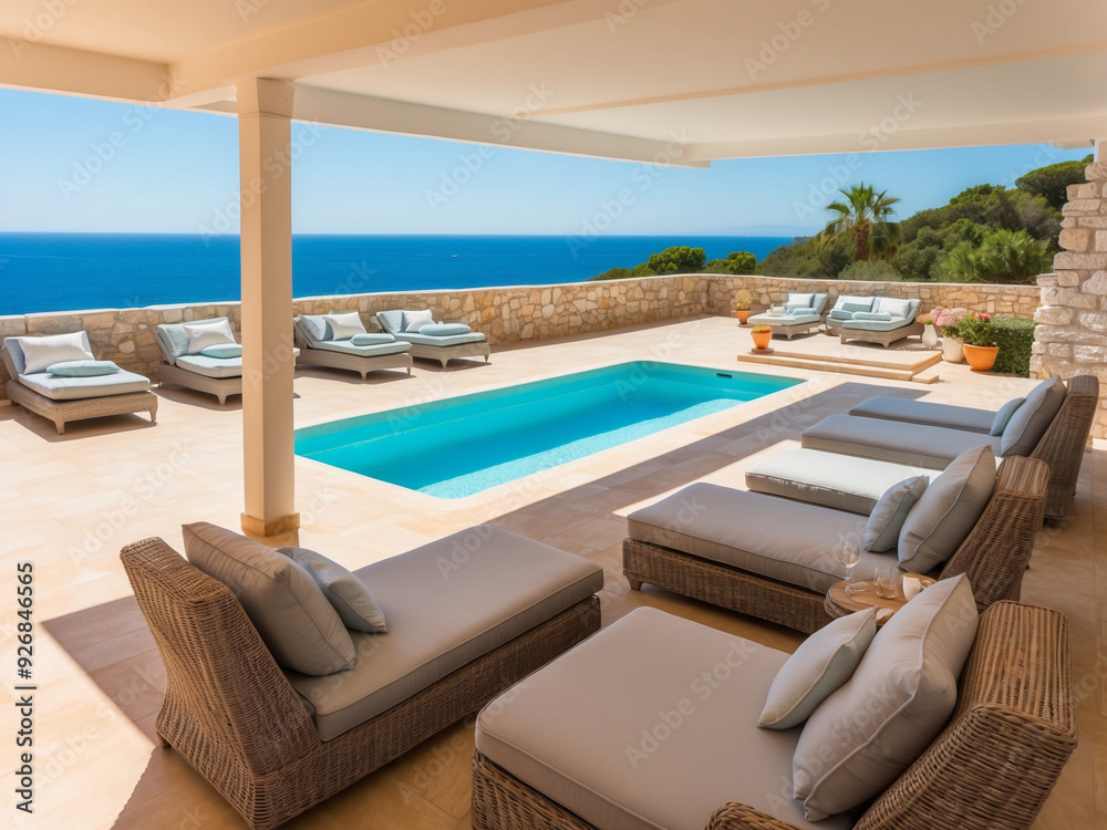 Fototapeta premium A sunny terrace in a Mediterranean-style villa with comfortable sun beds and a refreshing swimming pool