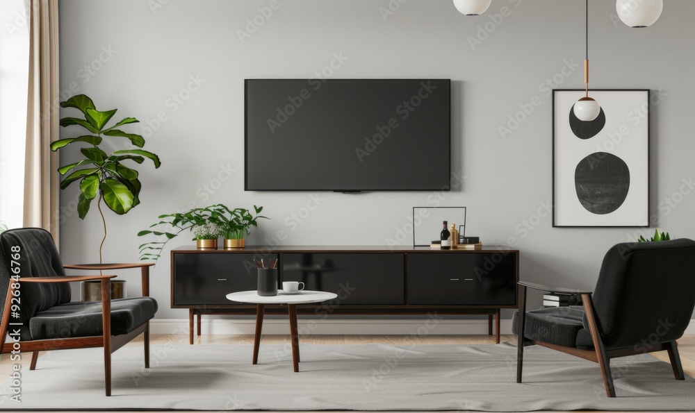 Modern Minimalist Living Room with Black TV Cabinet, Large Flat Screen TV, and Sleek Dark Grey Furniture Modern Minimalist Living Room with Black TV Cabinet, Large Flat Screen TV, and Sleek Dark Grey Furniture