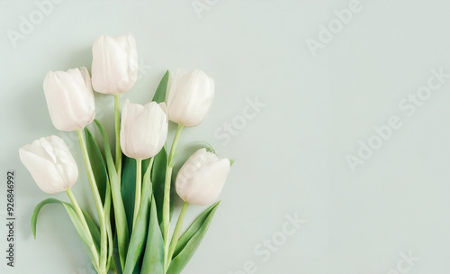 Illutration of white spring tulip flowers on blue background top view in flat lay style. Greeting card for Womens, Mothers Day, wedding invitation or Spring Sale Banner. Generative AI.