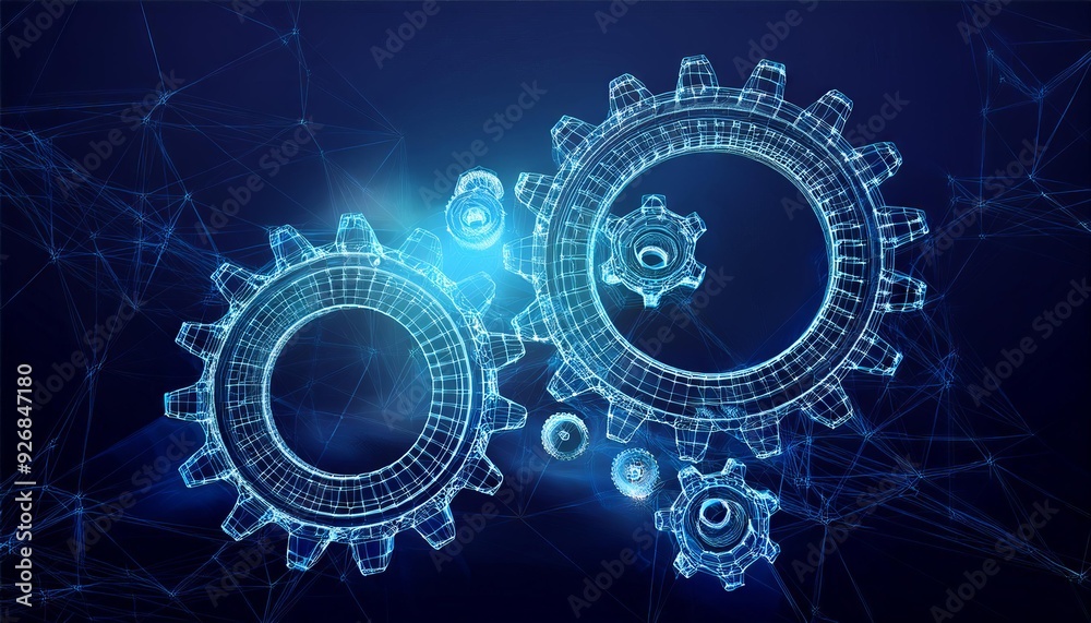 Abstract digital illustration featuring interlocking gears in a Network Abstract digital illustration featuring interlocking gears in a Network