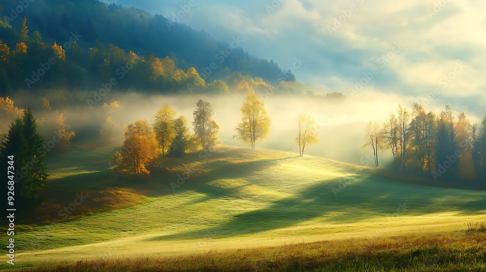 Golden Sunrise over Misty Meadow in Autumn