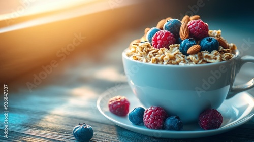 Healthy breakfast, oatmeal topped with nuts and berries, in a cozy kitchen, soft morning light photo