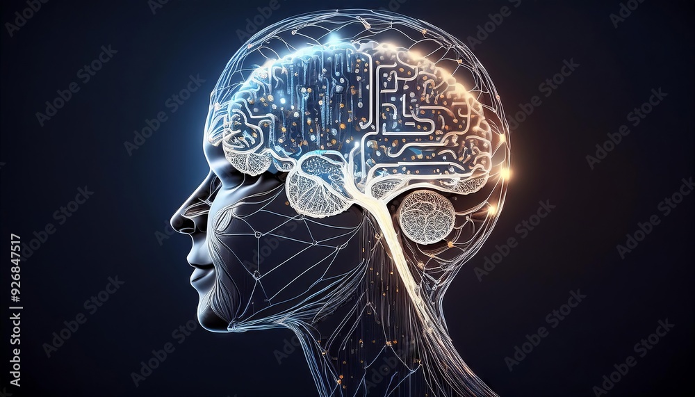 Artificial Intelligence and the Human Brain with a digital network background Artificial Intelligence and the Human Brain with a digital network background