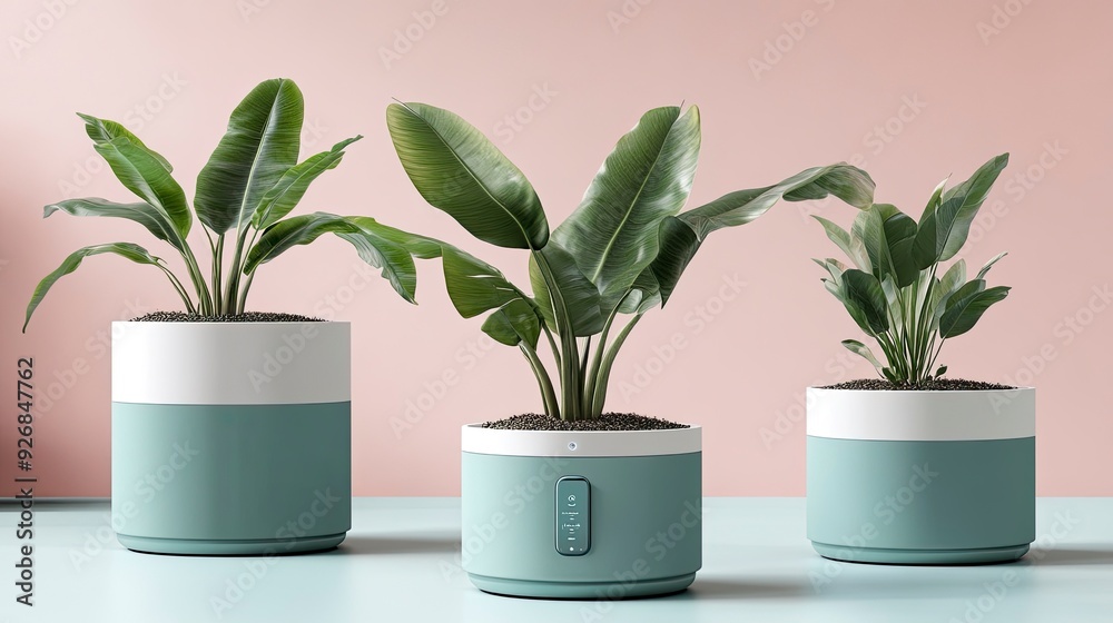 High-tech smart plant pot, monitoring soil and water needs, in a cozy living room, soft natural light