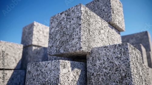 Innovative building materials, stacked neatly, at a construction site, bright daylight photo