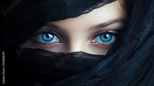 Mysterious Gaze: Woman's Blue Eyes Through Black Veil