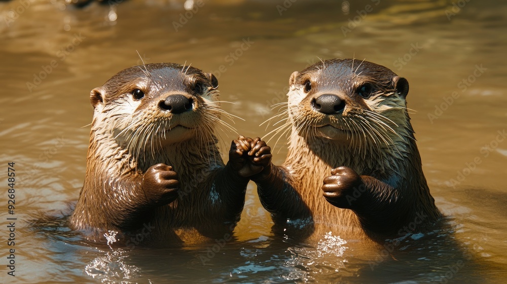 Obraz premium Playful otters, holding hands while floating on a river, under a clear sky, soft natural light