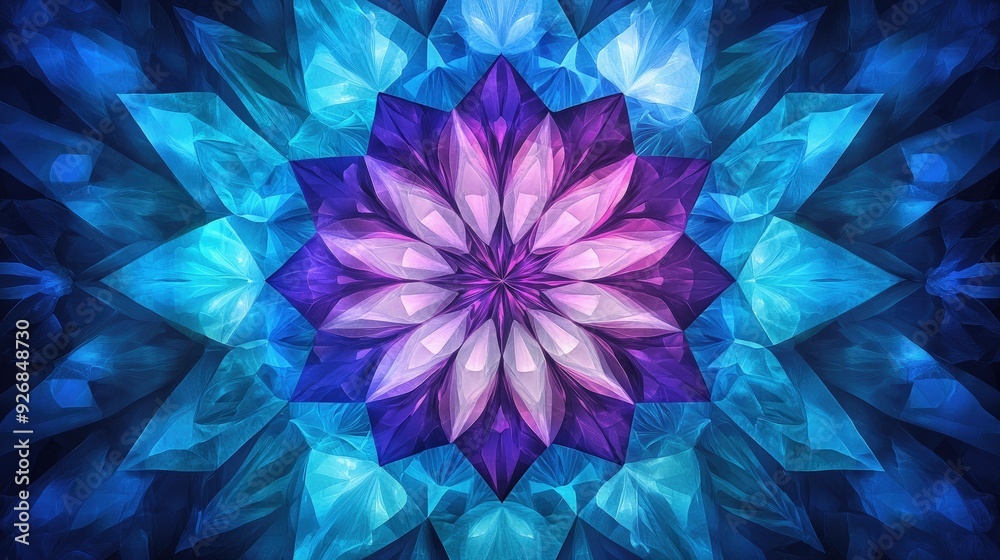 Radiating hexagons, in gradient tones of blue and purple, forming a dynamic sunburst pattern, soft ambient lighting Radiating hexagons, in gradient tones of blue and purple, forming a dynamic sunburst pattern, soft ambient lighting