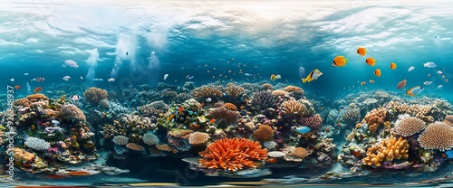 A vibrant coral reef teeming with life, featuring colorful fish swimming amidst the diverse coral formations.