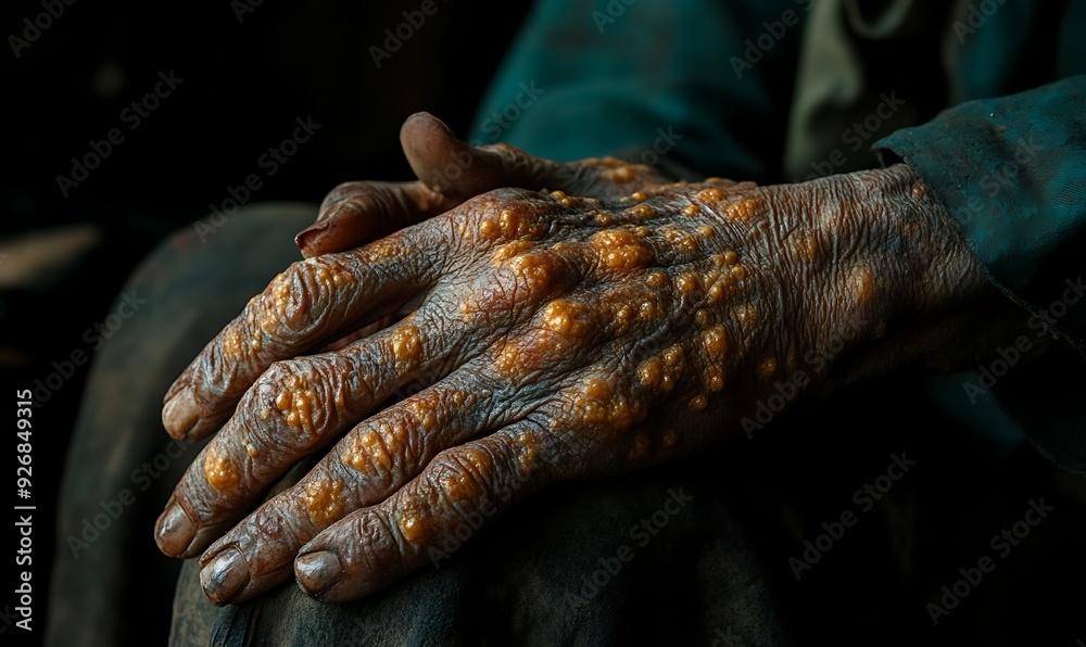 A person examining their skin with visible monkeypox lesions, on his body A person examining their skin with visible monkeypox lesions, on his body
