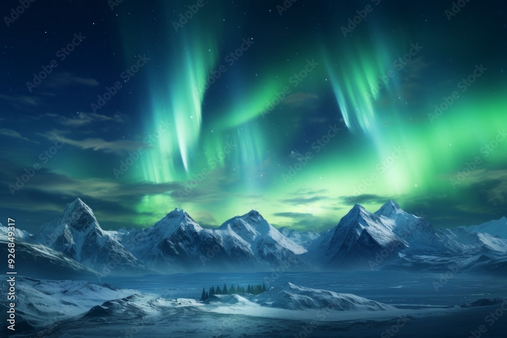 Aurora's Embrace High-Resolution Photobash of Snowy Mountains and Luminous Lights Aurora's Embrace High-Resolution Photobash of Snowy Mountains and Luminous Lights